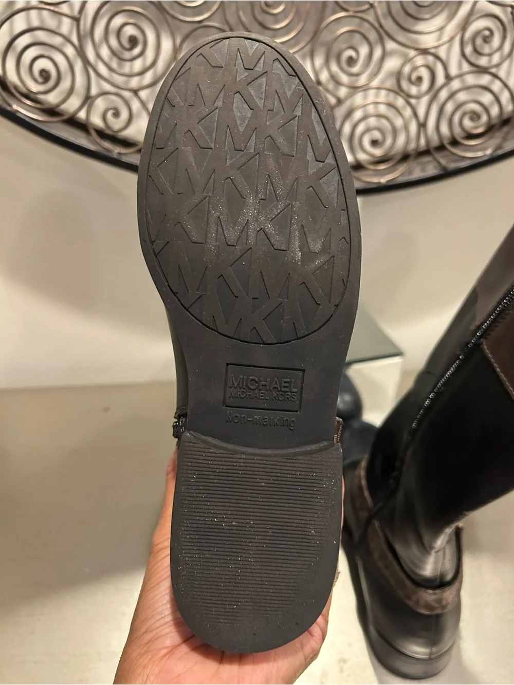 MICHAEL Michael Kors Black and Brown Logo Harness Mid-Calf Riding Boots